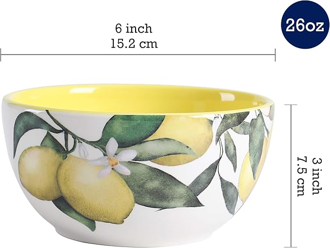 Bico Lemon Dreams Cereal Bowls Set of 4, 26 oz Deep Ceramic Soup Bowls for Cereal, Salad, Noodles, Kitchen, Microwave and Dishwasher Safe, Gift for Housewarming and Thanksgiving
