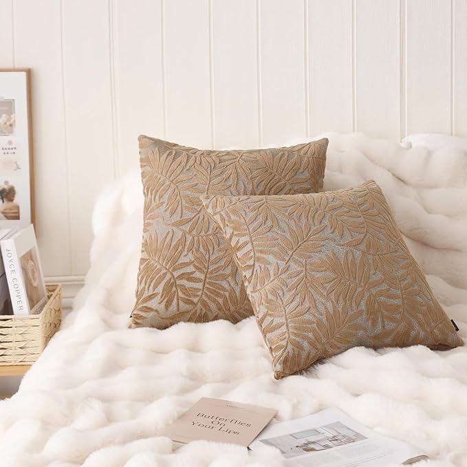 HPUK Leaf Cut Velvet Throw Pillow Covers Pack of 2, 18x18 Inch Accent Cushion Covers for Living Room, Bedroom, Decorative Pillow Covers for Couch, Sofa, Chair, Brown