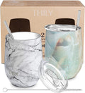 THILY Vacuum Insulated Stemless Wine Tumbler 12 oz Stainless Steel Wine Glass with Lid and Straw, Keep Cold or Hot for Coffee, Cocktails, Christmas Birthday Gift, 2 Pack(White Marble + Opal Marble)