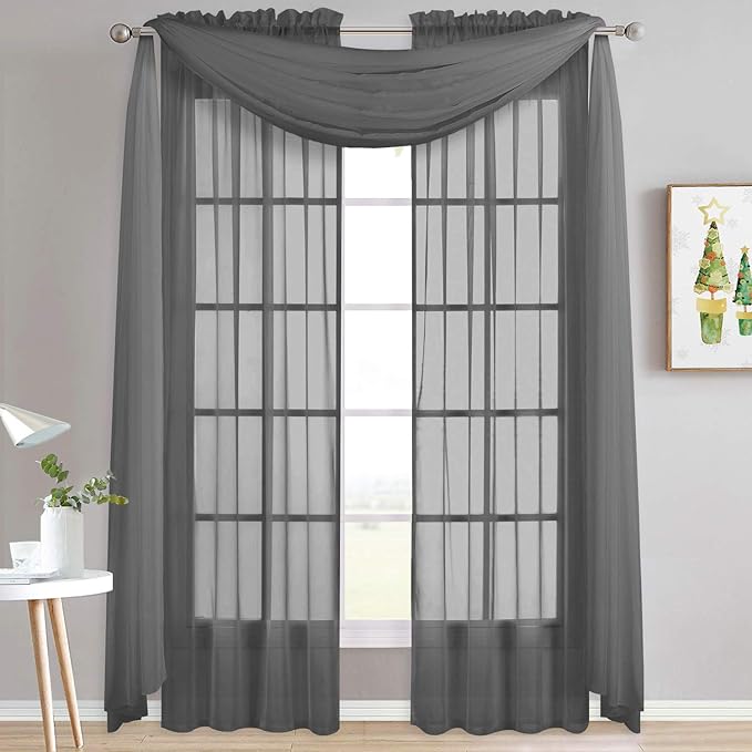 NICETOWN Dark Grey Scarf Valances for Windows, Decorative Soft Voile Sheer Window Scarfs for Farmhouse/Cottage, W60 x L216, Sold by 2 Panels