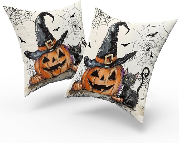 Giwawa Halloween Pillow Covers Set of 2- Rustic Spooky Pumpkin Black Cat Cotton Double Sided Throw Pillow Cases- Gothic Spider Web Bats Soft Cushion Cover 18"x18" for Sofa Porch Holiday Decor
