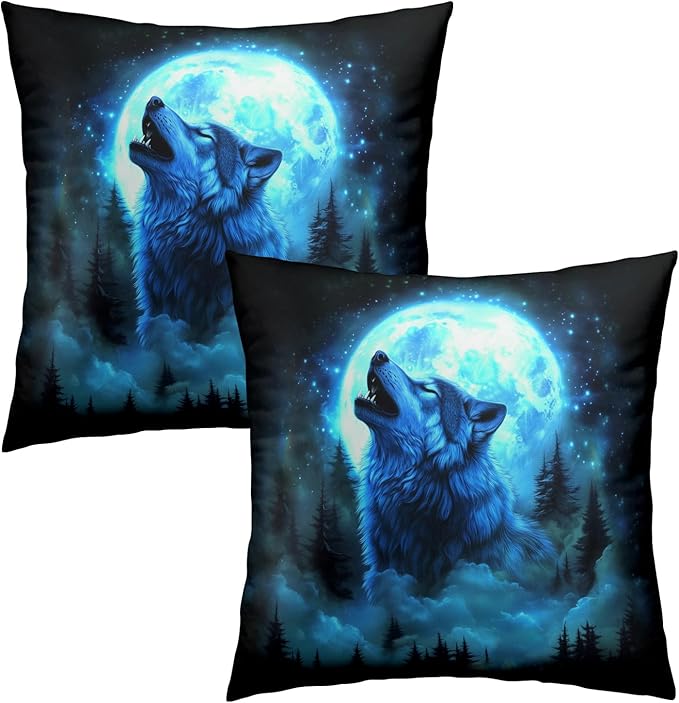 Forest Wolf Throw Pillow Covers - Galaxy Wolves Howling Pillow Covers 16x16 Set of 2 Nature Wolves Pillowcase Animal Cushion Covers Decor for Home Couch Bed Sofa