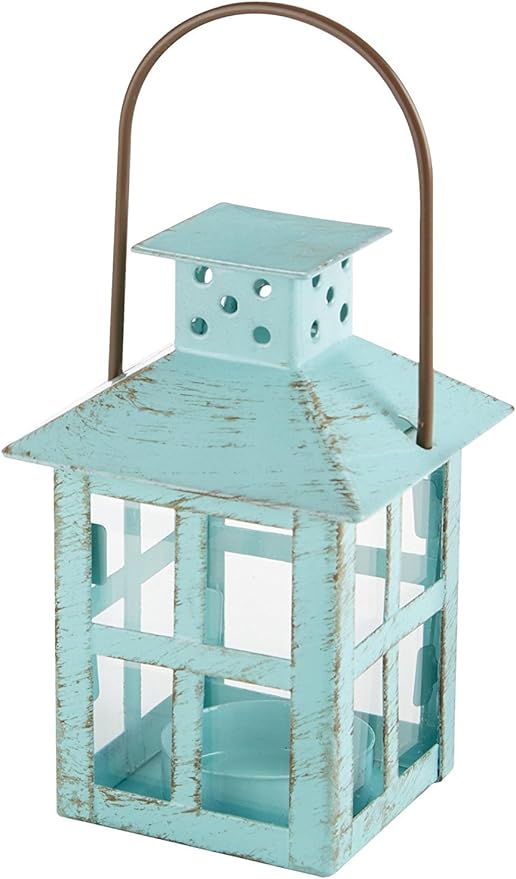 Kate Aspen, Distressed Metal Vintage Decorative Mini Lantern, Centerpiece, Party Favor, 2.5 x 2.5 x 6.5, Blue