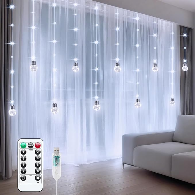 Minetom 200 LED Wishing Ball Curtain Lights - Fairy String Lights with Remote, USB Powered Waterproof for Christmas Wedding Party Bedroom Decoration, Pure White