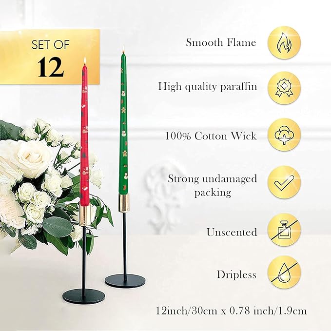 Tall Taper Candles Christmas Long Candlesticks 12 inch red Green Candle for Wedding Advent Home Decor Dinner Christmas，Set of 12,red Green