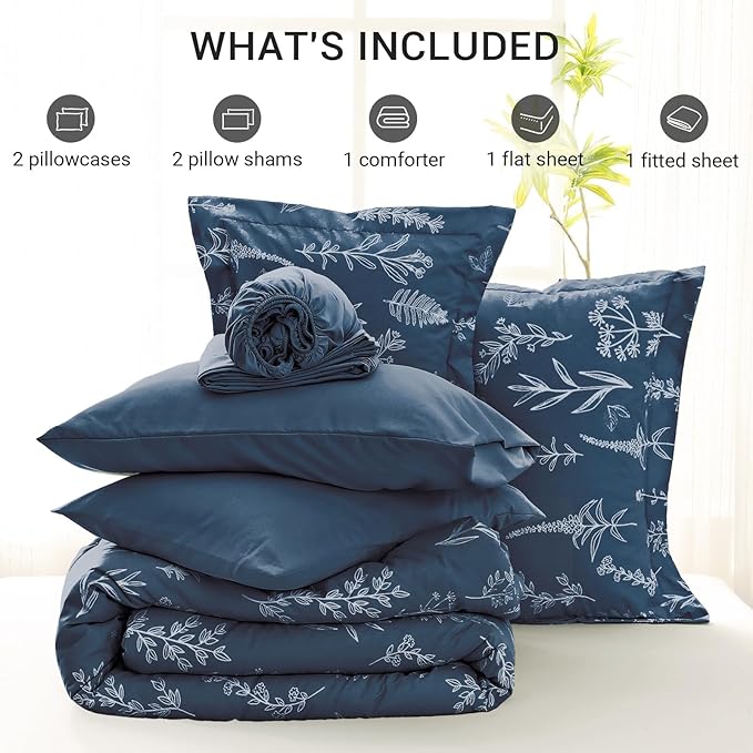 MUXHOMO Navy Blue Full Comforter Set, Elegant Floral Print Bed in a Bag 7 Pieces, Ultra Soft & Breathable Reversible Botanical Pattern Bedding Set with Comforter, Sheets, Pillowcases, and Shams