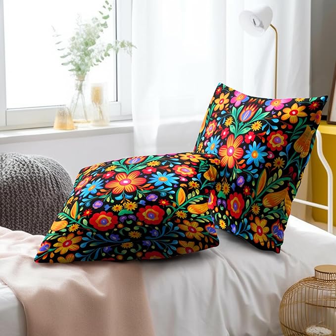Mexican Flowers Throw Pillow Covers - Mexico Pillow Covers 16x16 Set of 2 Colorful Floral Pillowcase Botanical Blossom Cushion Case for Sofa Couch Outdoor Porch