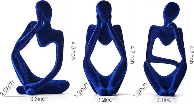 FJS Living Room Decor: Flocked Thinker Statue, 4.7" H Navy Blue Abstract Art Sculpture - Set of 3 for Home, Office, Shelf, Table Decoration