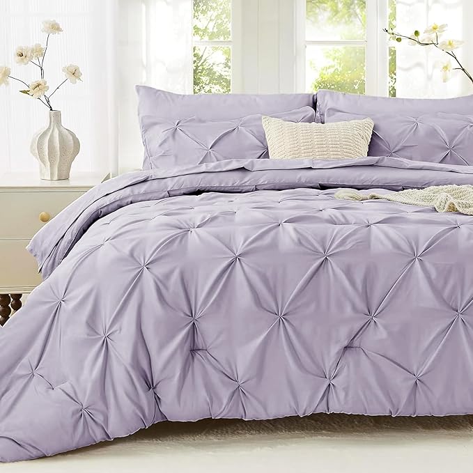 Sasttie Twin XL Comforter Set, 5-Piece Bed in a Bag, Pintuck Bedding Sets for All Season, Includes Comforter, Flat Sheet, Fitted Sheet, Pillowcase and Pillowsham, Lavender