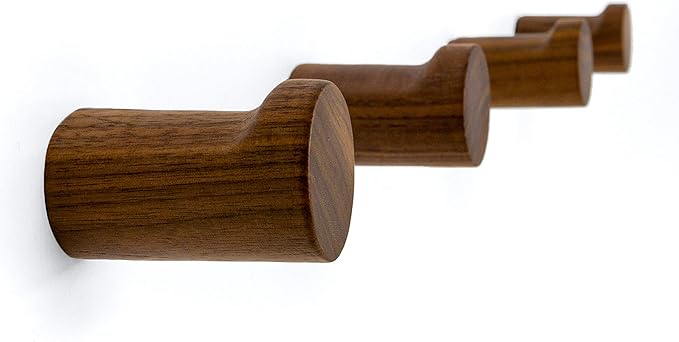 Natural Wooden Wall Mounted Hooks - Pack of 4 - Modern - Handmade Decorative Wood Pegs Minimalist for Hanging Hat, Coats (Black Walnut Wood)