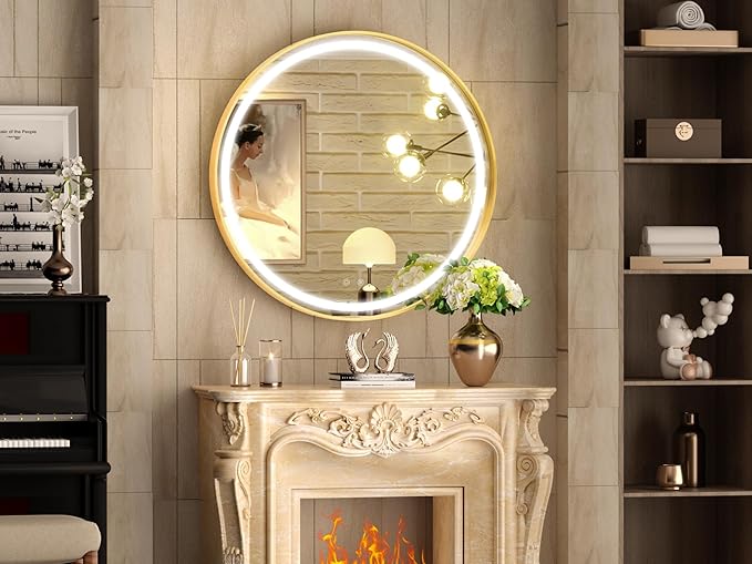 Hasipu 28 Inch Round LED Mirror for Bathroom with Lights, Gold Circle Vanity Mirror for Wall, Metal Framed Frontlit Bathroom Mirrors Anti-Fog, Dimmable, 3 Colors Makeup Mirror Wall Mounted