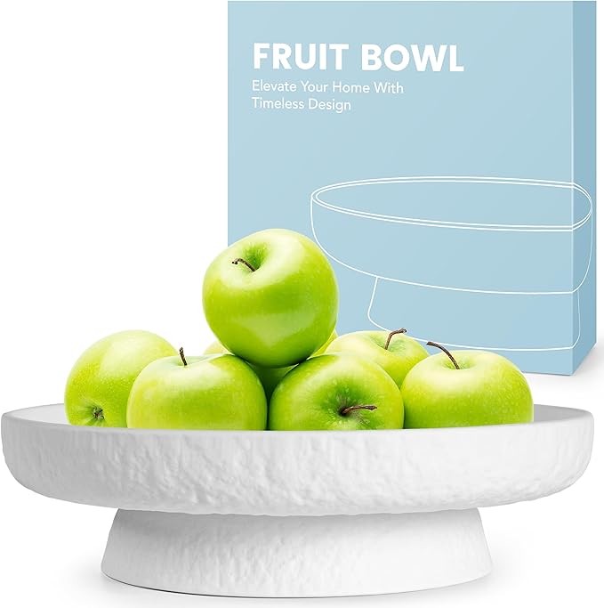 Granite Inspired Matte White Fruit Bowl | Wide, Shallow Textured Pedestal Bowl | 11 Inch Unique Centerpiece for Table or Decor for Entryway Table