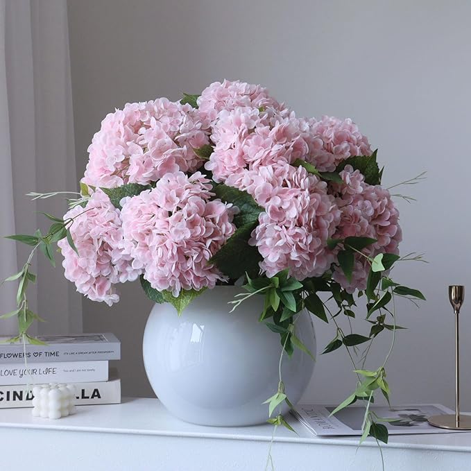 4pcs 21" Faux Pink Hydrangeas Artificial Flowers, Real Touch Silk Hydrangea Flowers with Stems for Bridal Wedding Bouquet Party Home Decor