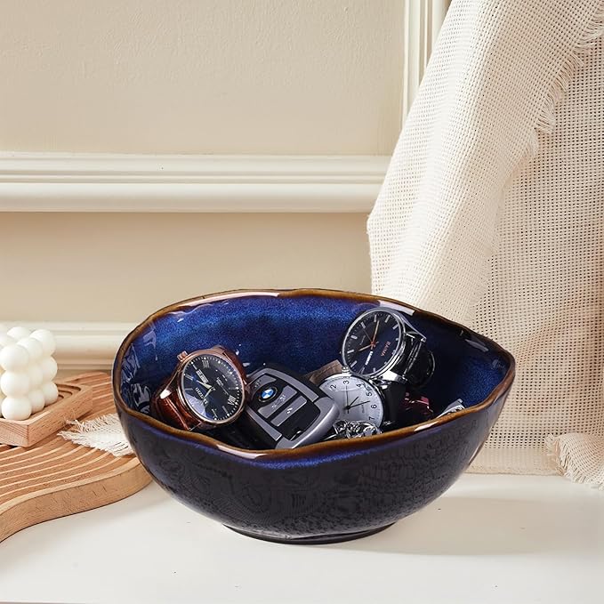 8" Blue Ceramic Decorative Bowl, Ceramic Fruit Bowl, Key Bowl for Entryway Table, Candy Dishes, Fruit Bowl for Kitchen Counter, Blue Small Jewelry Trinket Dish for Bedroom, Bedside Table, Living Room