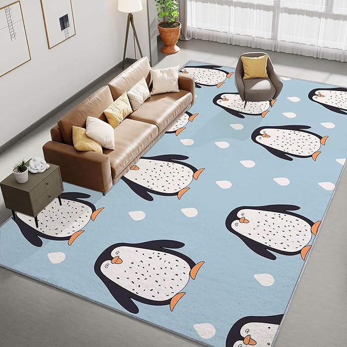 Washable Area Rug 5x8 ft Cartoon Penguin Scandinavian Style Area Rug for Living Room, Soft Low Pile Rugs, Non-Slip Carpet, Home Decor Floor Rug for Bedroom Dining Room Kitchen