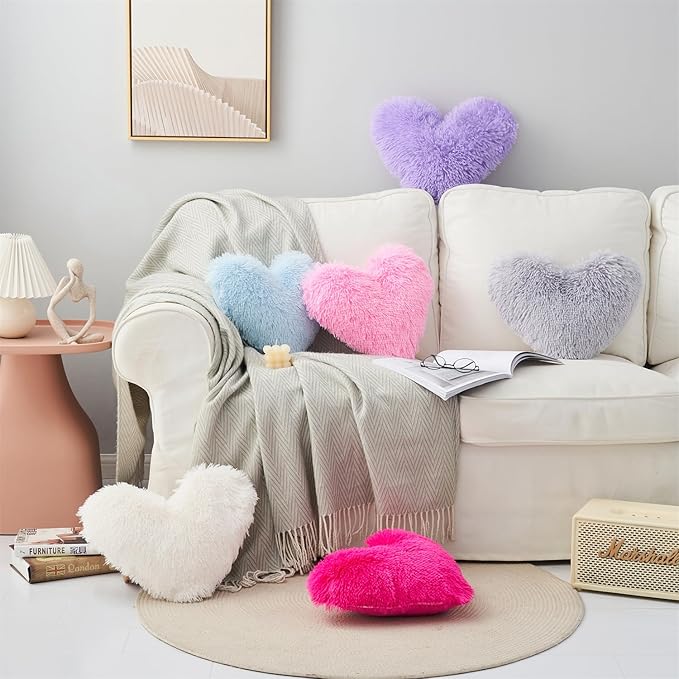 MOOWOO Fluffy Heart Pillow, Shaggy Plush Faux Fur and Sherpa, Cute Soft Throw Cushion Valentines Day Decor for Mothers Day, Christmas Decorations,Love Heart Shaped Throw Pillow