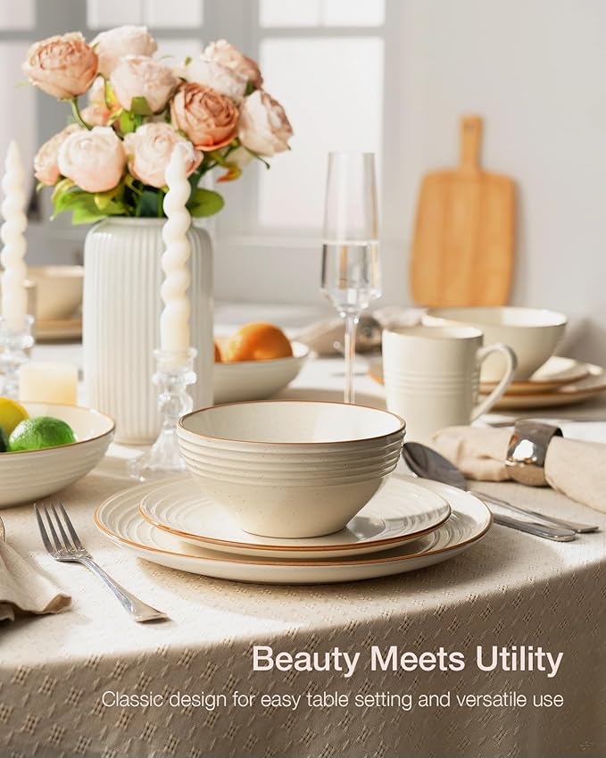 Famiware Jupiter Dinnerware Set, Plates and Bowls Dish Sets for 8 (24 Pieces), Microwave and Dishwasher Safe Stoneware Speckled Tableware, Chip and Scratch Resistant, Vanilla White