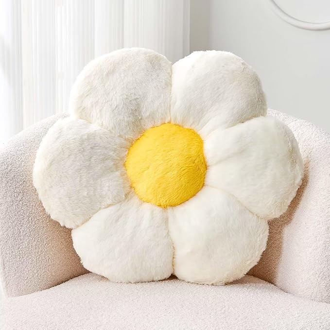 White Flower Plush Throw Pillow, Cute Decorative Flower Shaped with Faux Rabbit Fur, 14.9" Soft Throw Pillow for Bedroom Living Room
