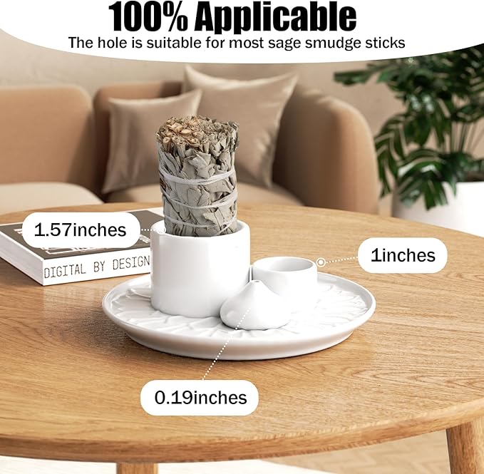 Palo Santo Holder - 4 in 1 Incense & Candle Holder - Ceramic Incense Holder Ash Catcher Tray for Meditation Room - Easy to Clean (White)