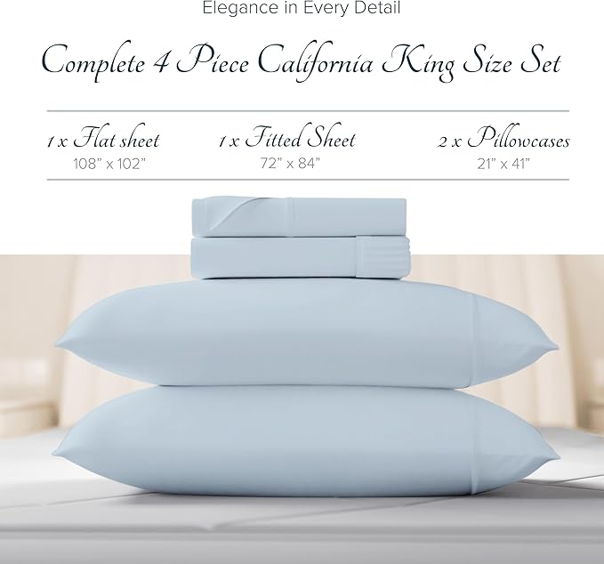 Carressa Linen 100% Egyptian Cotton Sheets California King Size - 1500 Thread Count 4 PC Cal King Sheets Egyptian Cotton, Cooling Sateen Sheets, High Thread Count Sheets California King - Light Blue