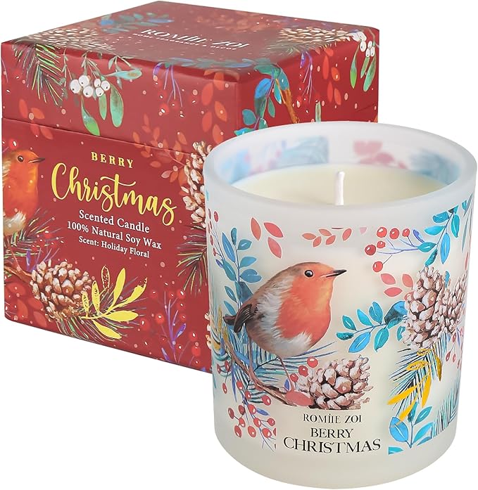 ROMIIE ZOI Christmas Scented Jar Candle - 6oz Soy Wax Candle - Berry Christmas Infused with Holiday Floral Aroma - with Beautiful Keepsake Box Special for Christmas/Holiday Gifts