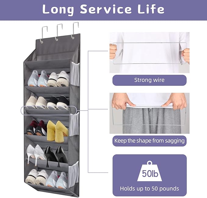 Over the Door Shoe Rack Organizer Hanging Fits 12 Pairs Shoes with 6 Mesh Pockets 6 Deep Large Pockets 50lbs Weight Capacity Behind the Door Storage Organizers for Closet Narrow Door 1 Pack