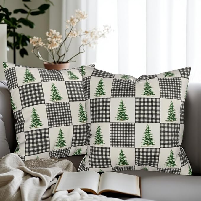 Winter Throw Pillow Covers 18x18 - Buffalo Plaid Pillowcase Set of 2 Christmas Tree Square Cushion Covers for Sofa Couch Bed