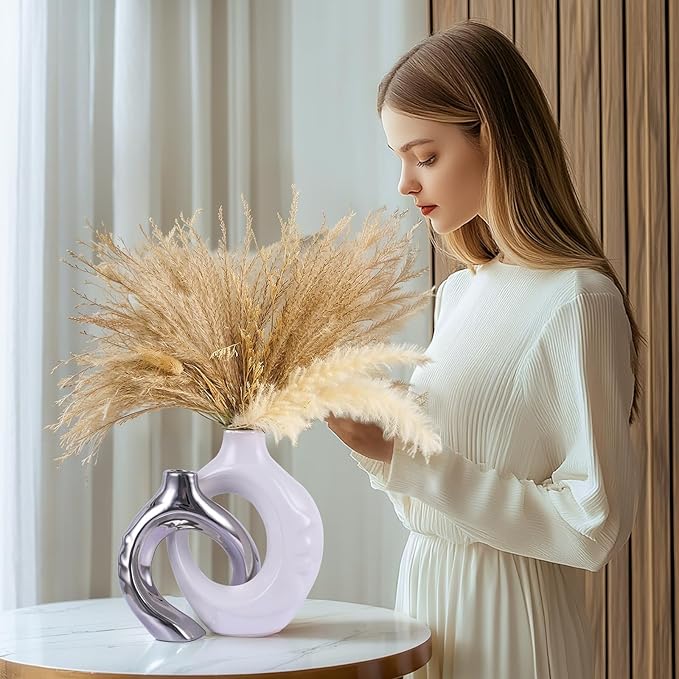 Silver Ceramic Vase Set of 2 for Modern Home Decor,Round Boho Vase for Pampas Grass,Neutral Minimalist Statue for Dining Room Table Centerpiece Dining Room,Wedding Table Decoration