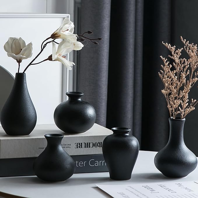 Small Black Vases, Ceramic Bud Vase Set of 5, Mini Pottery Vases for Pampas Grass, Flowers, Decorative Vases for Home Modern Decor, Rustic Decor, Veses for Living Room Dining Table Shelves