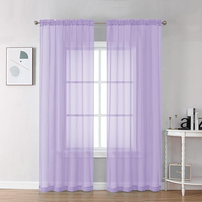 Chyhomenyc Lilac Sheer Curtains 72 Inch Length 2 Panels, Light Filtering Soft Airy Rod Pocket Voile Window Curtain Drapes for French Door Bedroom Living Room, Each 42Wx72L Inches