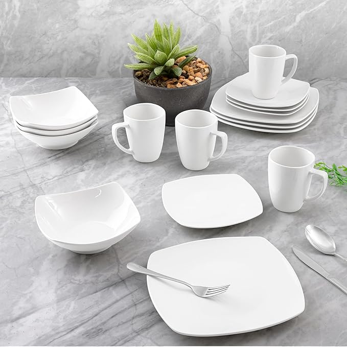 Zulay Kitchen Luna Plates and Bowls Sets, 16 Piece Modern Porcelain Dish Set for 4, Chip and Scratch Resistant Square Dinnerware Set, Microwave and Dishwasher Safe, Pearl White