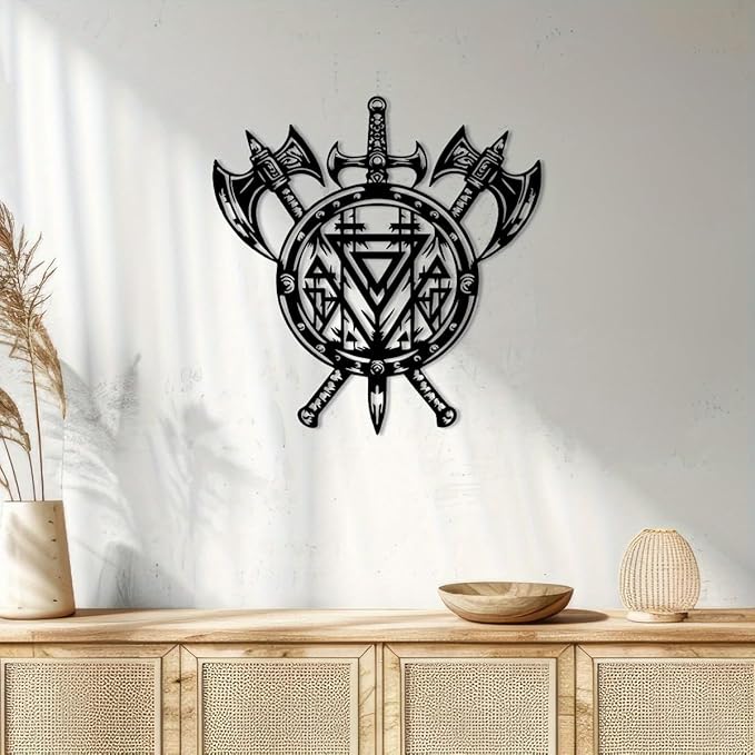 YBLCOZYC Axe & Shield Metal Wall Art - Rustic Scandinavian Viking Decor with Norse Compass Design, Handcrafted Iron Wall Hanging - Unique Nordic Gift for Home, Office & Man Cave