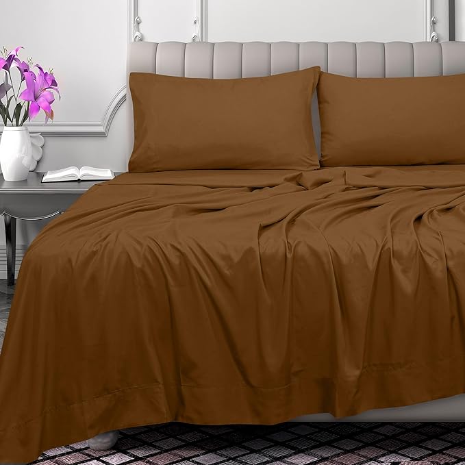 Royale Linens 300 Thread Count 100% Long Staple Combed Cotton Flat Sheet - Super Soft - Top Sheets - Full Flat Sheet Sold Separately - Breathable, Cool & Crisp Percale Sheets Only (Twin XL, Chocolate)