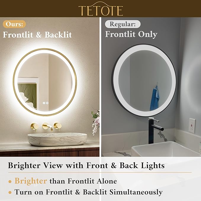 TETOTE Gold Round Led Mirror with Lights 24 Inch Metal Framed Round Circle Lighted Bathroom Vanity Mirror Wall Mounted, Front and Backlit 3 Color Stepless Dimmable Anti Fog, Shatterproof, CRI 90+