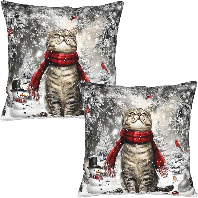 Cat Throw Pillow Covers - Winter Christmas Pillow Cover 20x20 Kitten Snowflake Cushion Cases Set of 2 for Home Porch