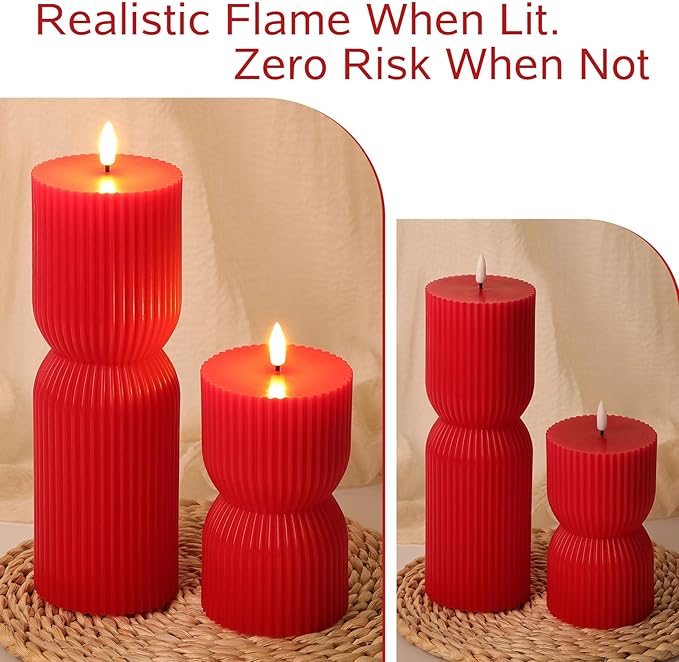 Red Ribbed Flameless Pillar Candles with Remote, Christmas LED Wax Candles Flickering Battery Powered Set of 2