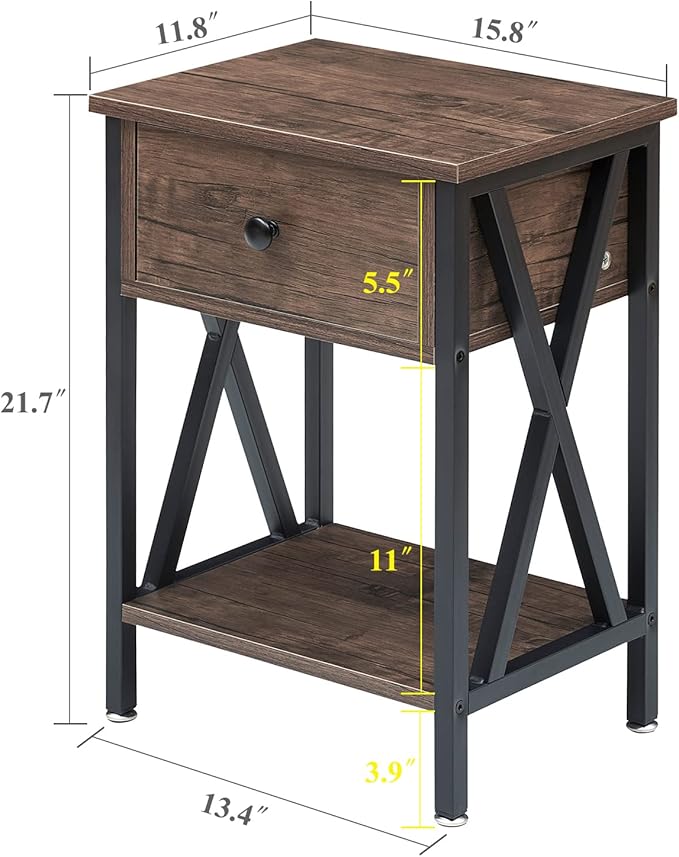 VECELO Nightstands Set of 2, Modern Bedside End Tables, Night Stands with Drawer and Storage Shelf for Living Room Bedroom, Industrial Metal Frame