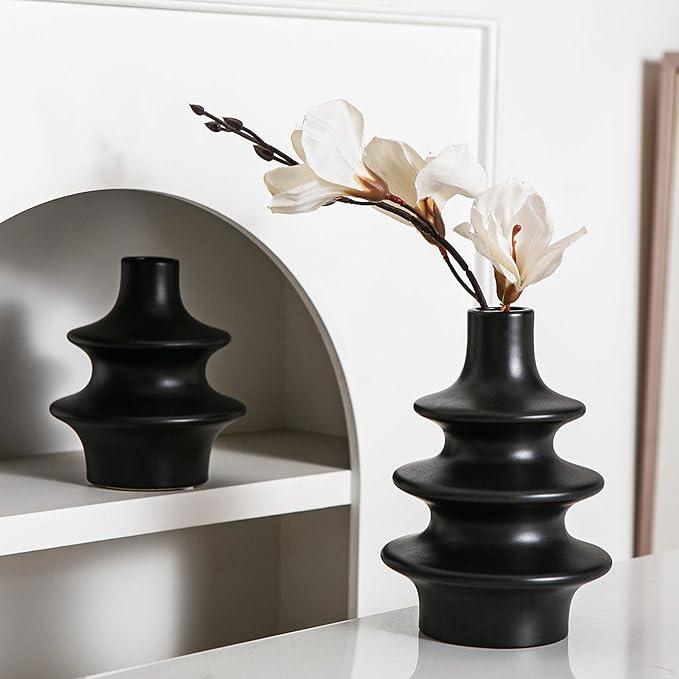 Boho Ceramic Vase Set, Matte Black Aesthetic Vase, Small Mid Century Vases for Home Decor, Nordic Minimalist Vase for Entryway, Living Room Decoration, Table Centerpieces