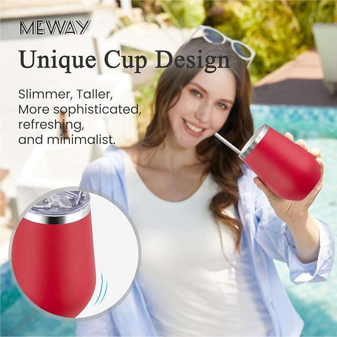 MEWAY Durable 12oz Stainless Steel Wine Tumbler with Lid and straw - Vacuum Insulated Coffee and Wine Cups for Travel, Parties, and Outdoor Events(Red, Set of 8)