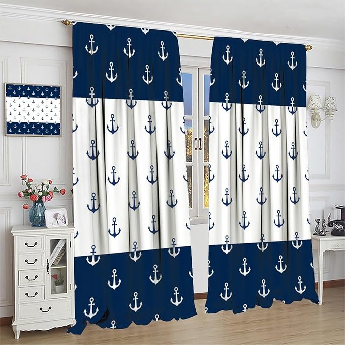 Anchor Pattern Curtains, Nautical Theme Navy Blue White Anchor Sea Life Adventure Print Blackout Window Treatments for Living Room Boys Men's Bedroom 42x45 Inch