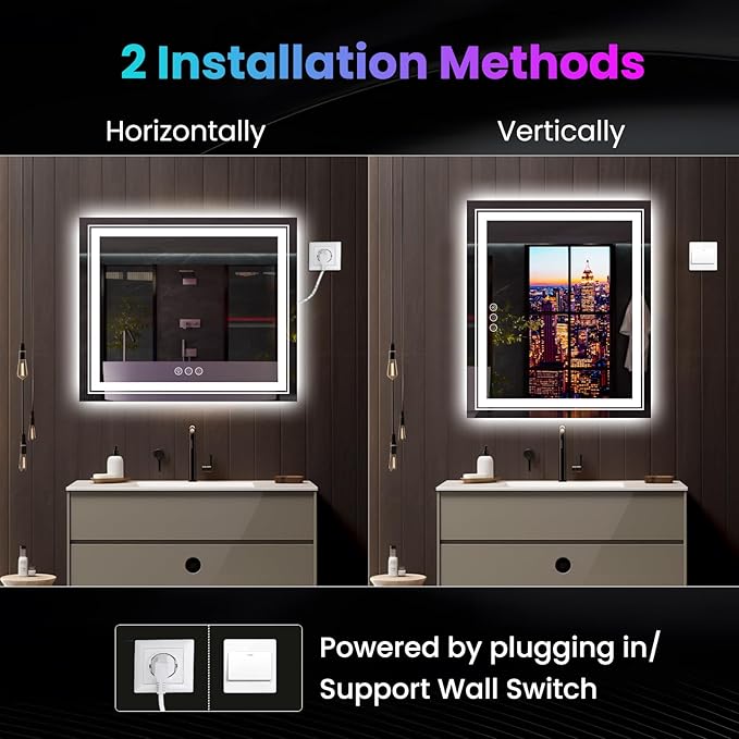 LED Mirror for Bathroom, 60"X30" with 8 RGB Backlit +3 Front Lit (Adjustable Individually), Anti-Fog, Large Lighted Bathroom Vanity Mirror for Wall,Shatterproof,Memory Function,Tempered Glass