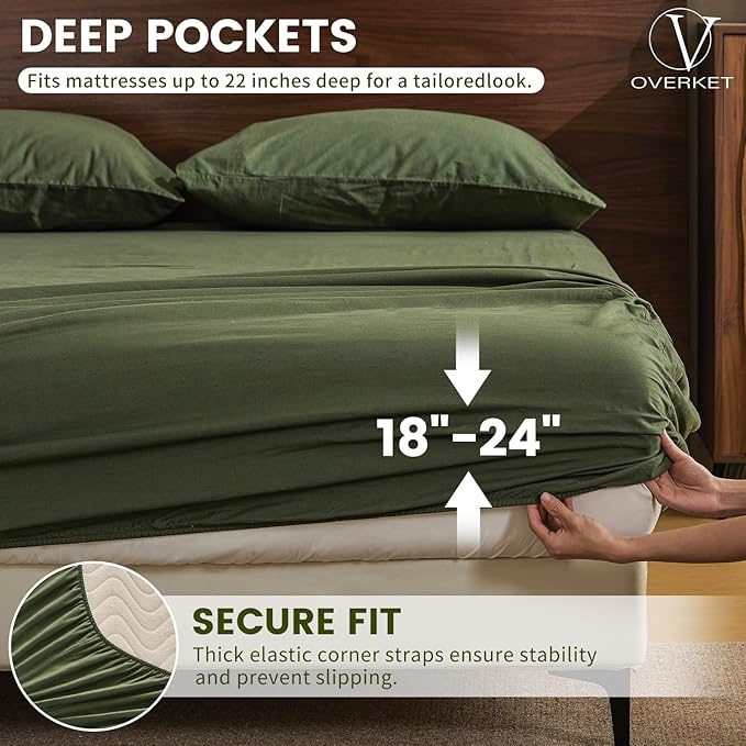 100% Linen Sheet Set Cal King Size Extra Deep Pocket Fits 18-24 Inch Mattress, Breathable & Soft, Smooth 4-Piece Set for Thick Mattresses Hotel Luxury Bedding（Cal King, Forest Green）