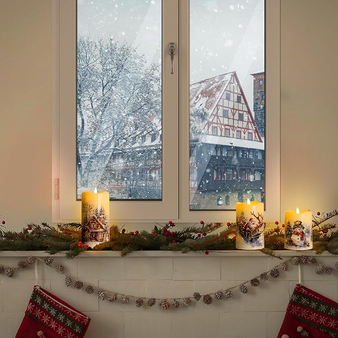Christmas Flameless Flickering LED Candles with Remote Timer,Battery Operated 3D Wick Pillar Candles Fiber OIptic Decorative Lights Set of 3 for Decorations Indoor