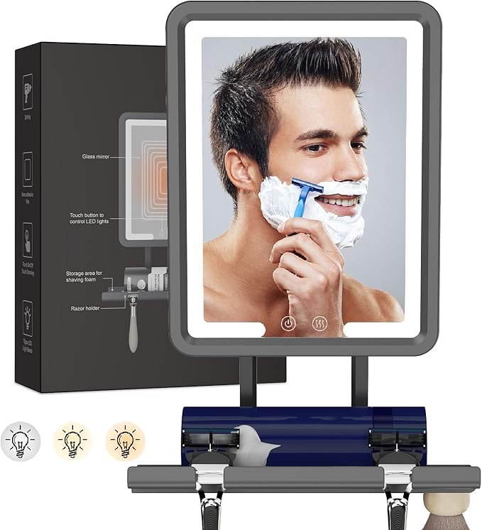 LED Fogless Shower Mirror for Shaving - Heated Fog Free, 3 Dimmable Lights, 360° Adjustable, Rechargeable - with Storage Tray, Razor & Shaving Brush Holders, Gifts for Men