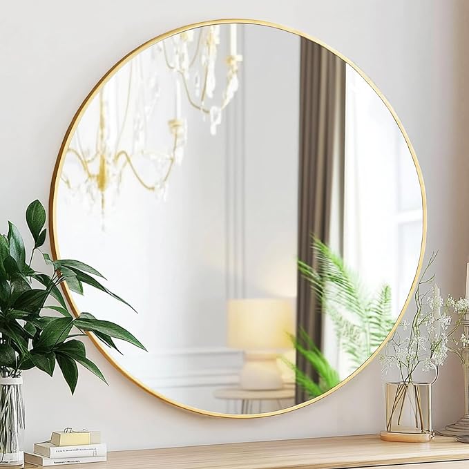 Gold Round Mirror, 24 inch Circle Mirror, Gold Metal Frame Bathroom Mirrors, Round Wall Mounted Mirrors for Bathroom, Hallway, Living Room, Bedroom.