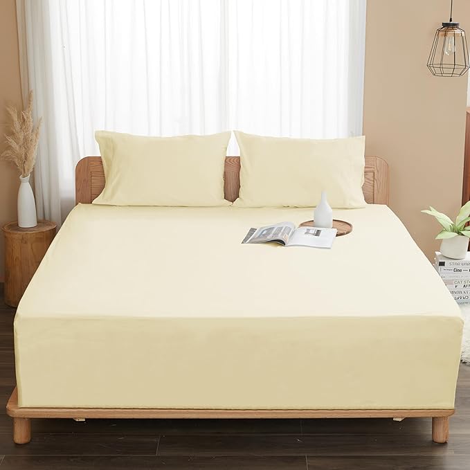 Sunflower California King Fitted Sheet, 1-Piece Deep Pocket Fitted Bottom Sheet 16", 100% Cotton Sateen Soft Breathable, Butter Cream