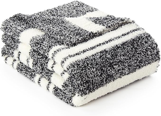 Snuggle Sac Black White Stripe Twin Size Reversible Super Soft Bedding Blanket, 60x80 inches