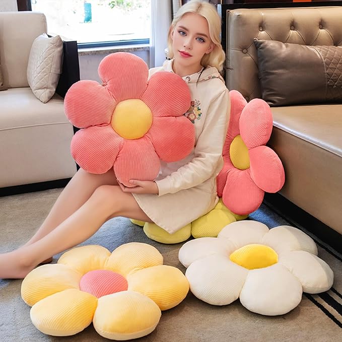 3Pcs Flower Pillows, 18'' Plush Flower Shaped Throw Pillow, Butt Cushion, Floor Pillow, Decorative Seating Cushion for Bedroom, Sofa, Chair, Cute Room Decor (Pink)