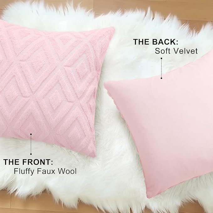 decorUhome Couch Throw Pillow Covers 24x24 Set of 2, Decorative Soft Plush Faux Wool Neutral Accent Pillow Covers for Bed Sofa Living Room, Light Pink