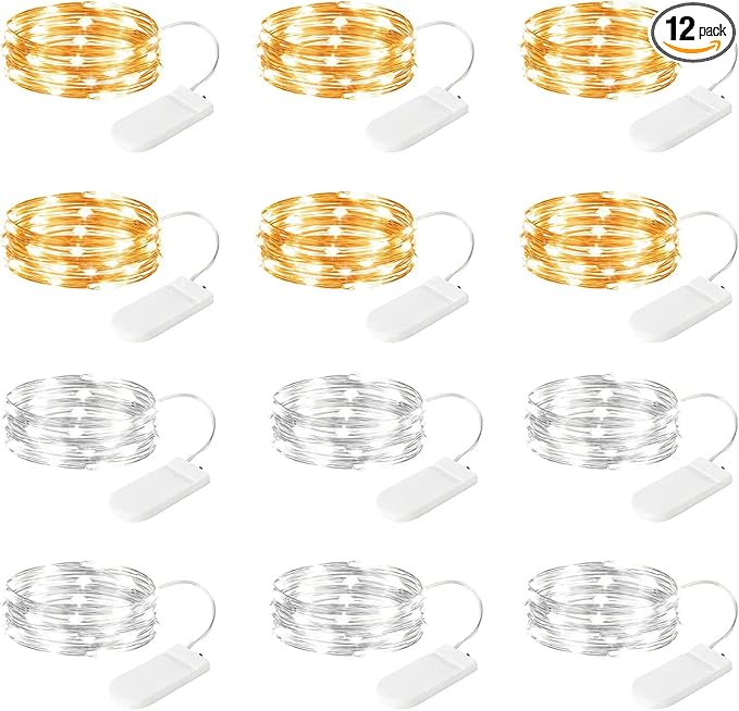 Brightown 12 Pack Led Fairy Lights Battery Operated String Lights Waterproof Silver Wire 7 Feet 20 Led Firefly Starry Moon Lights for DIY Wedding Party Bedroom